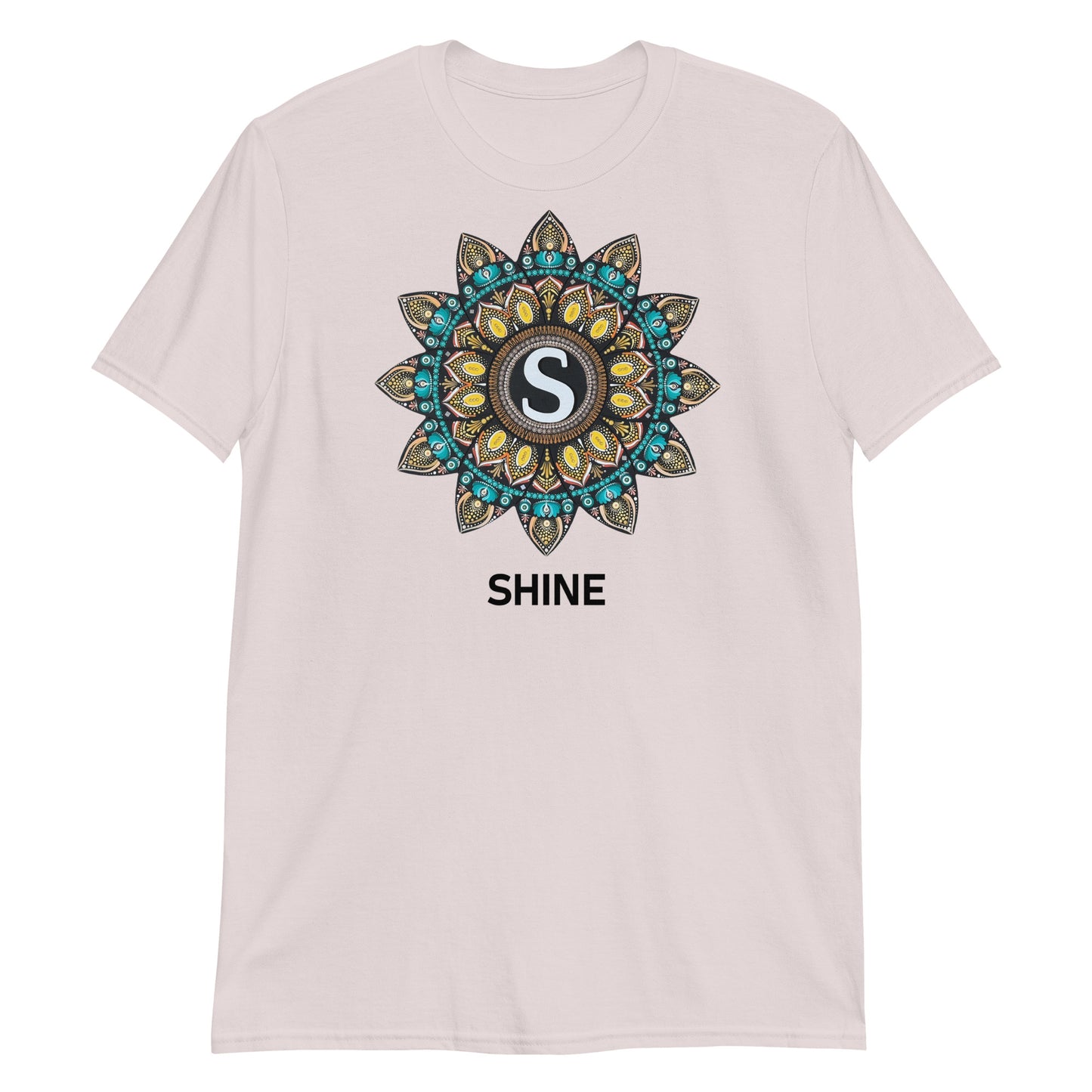 Unisex Softstyle T-Shirt (mandala with "S" in core | on front | SHINE in black lettering)