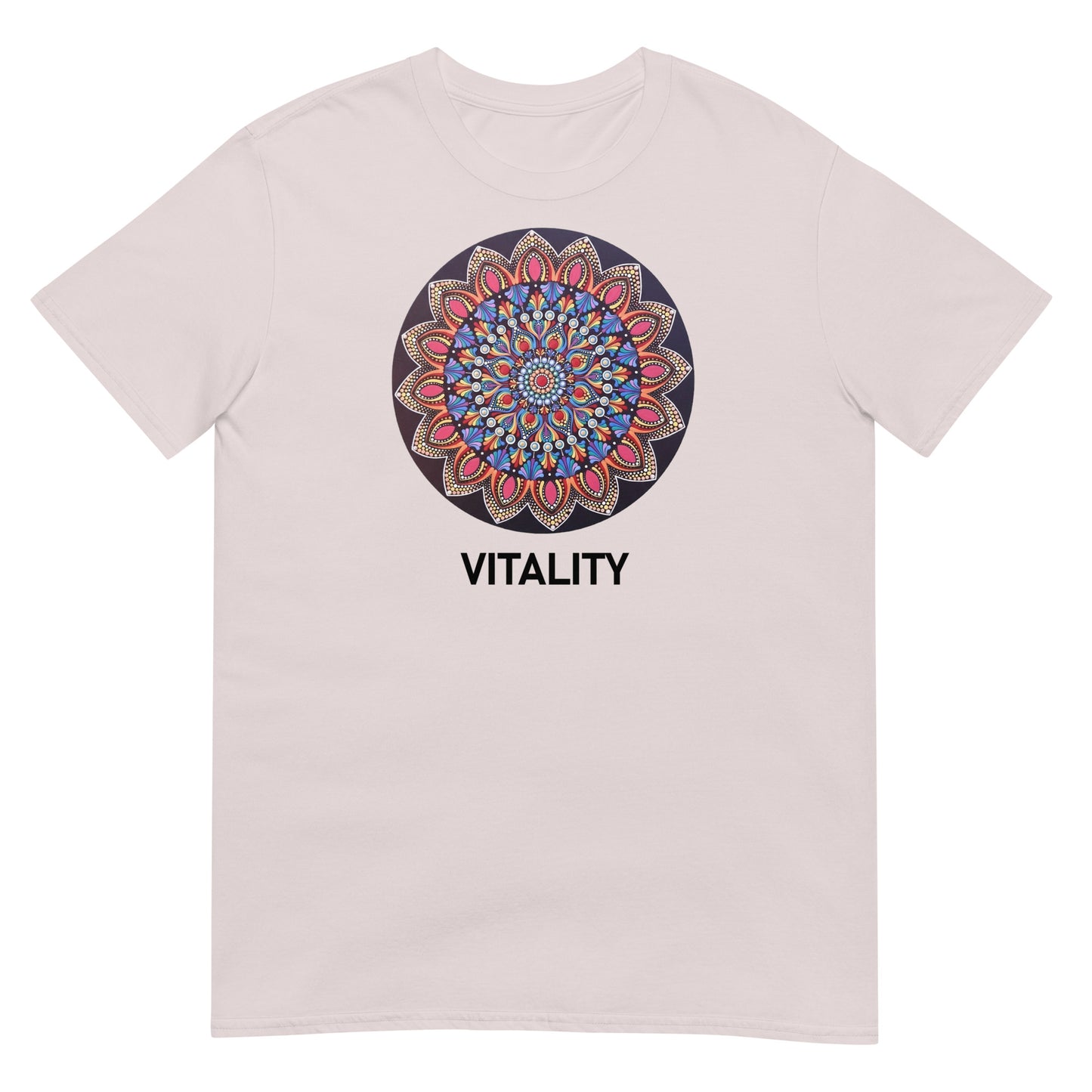 Unisex Softstyle T-Shirt (mandala with pink petals | on front | VITALITY in black lettering)