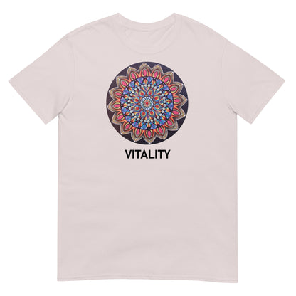 Unisex Softstyle T-Shirt (mandala with pink petals | on front | VITALITY in black lettering)