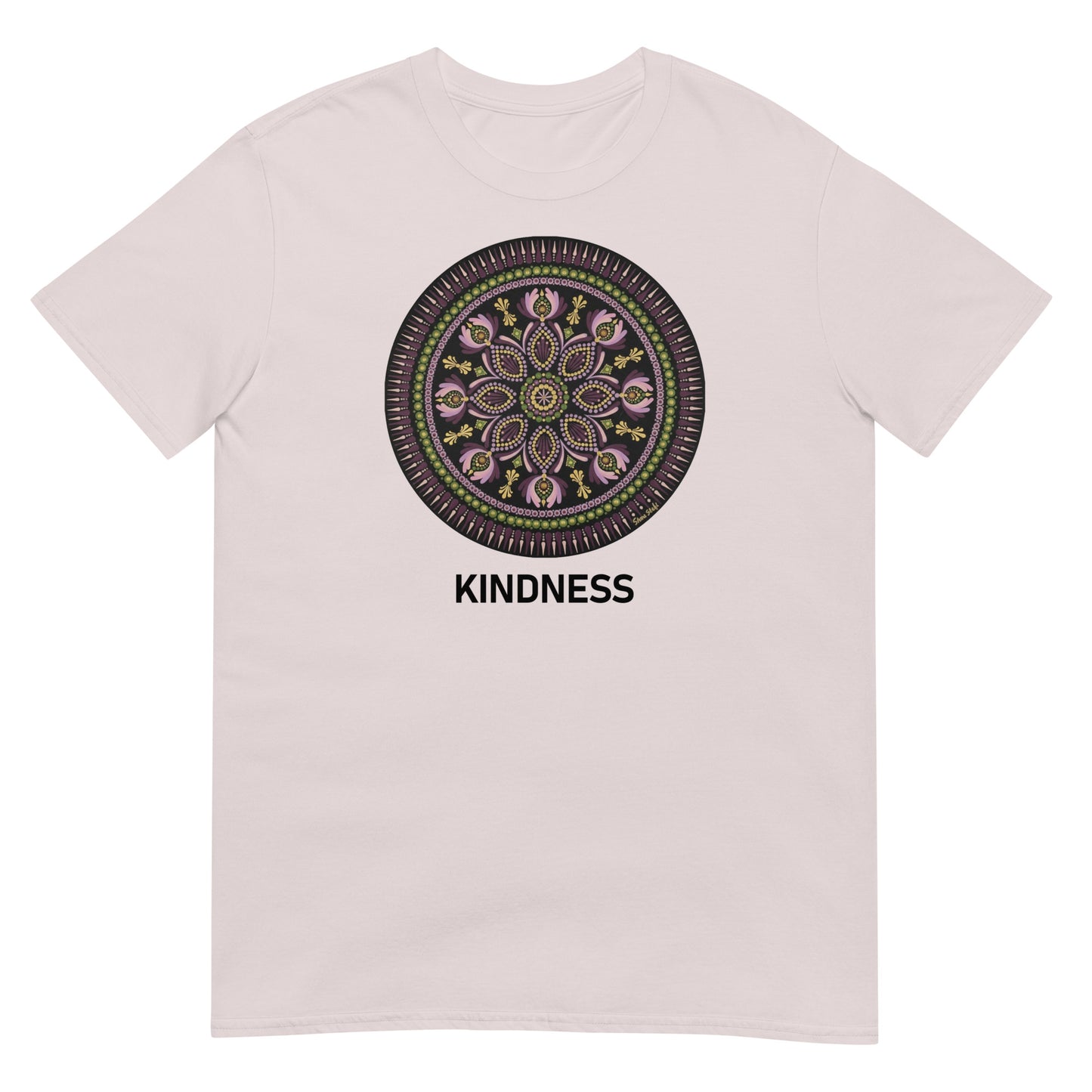 Unisex Softstyle T-Shirt (mandala with magenta rim | on front | KINDNESS in black lettering)