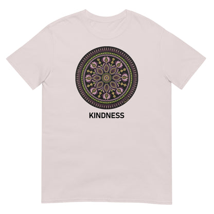 Unisex Softstyle T-Shirt (mandala with magenta rim | on front | KINDNESS in black lettering)