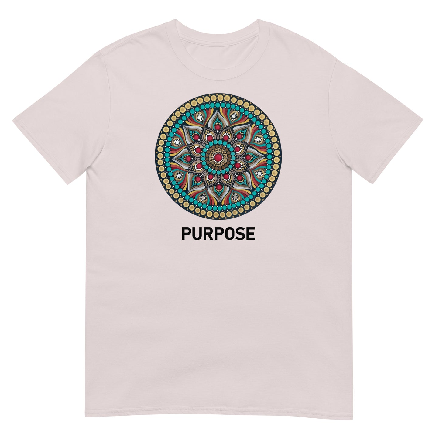 Unisex Softstyle T-Shirt (mandala with red core | on front | PURPOSE in black lettering)