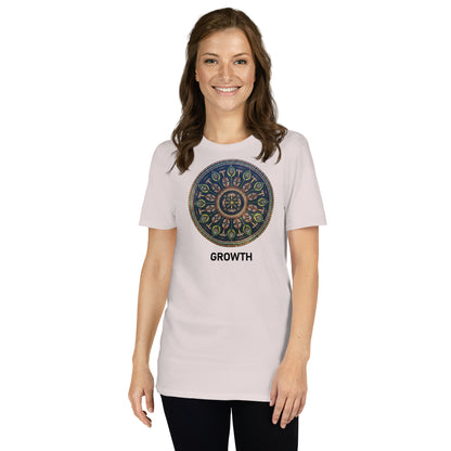 Unisex Softstyle T-Shirt (mandala with cross in the core | on front | GROWTH in black lettering)