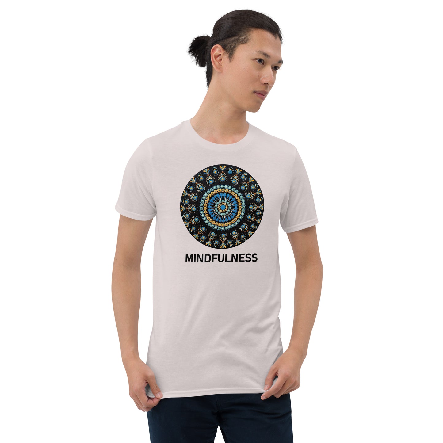 Unisex Softstyle T-Shirt (mandala with blue dots and black back | on front | MINDFULNESS in black lettering)