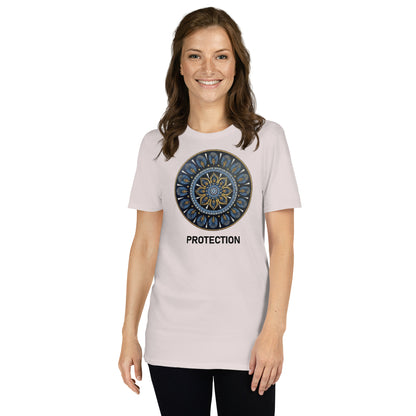 Unisex Softstyle T-Shirt (mandala with gold outer rim | on front | PROTECTION in black lettering)