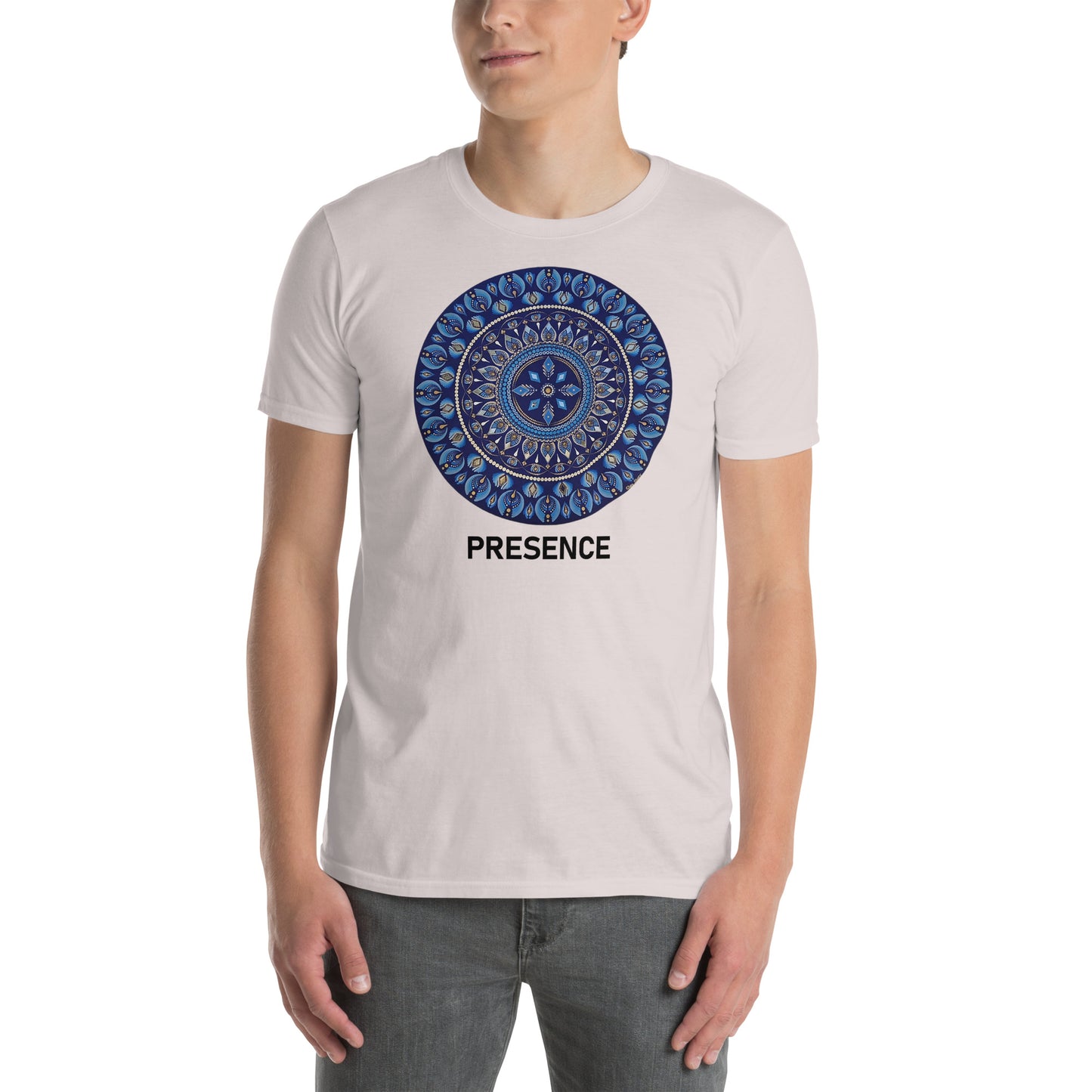 Unisex Softstyle T-Shirt (mandala with 4 diamonds | on front | PRESENCE in black lettering)