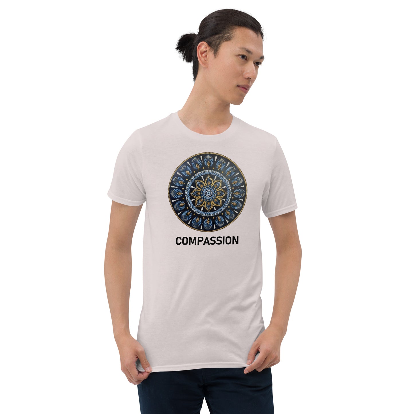 Unisex Softstyle T-Shirt (mandala with gold rim | on front | COMPASSION in black lettering)