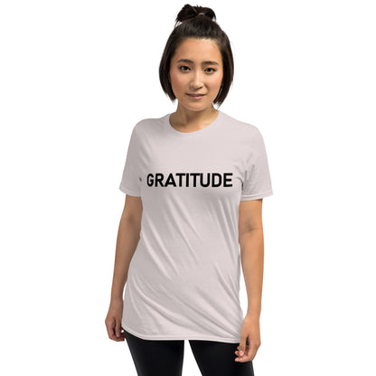 Unisex Softstyle T-Shirt (mandala green and gold rim on back | GRATITUDE in black lettering on front)