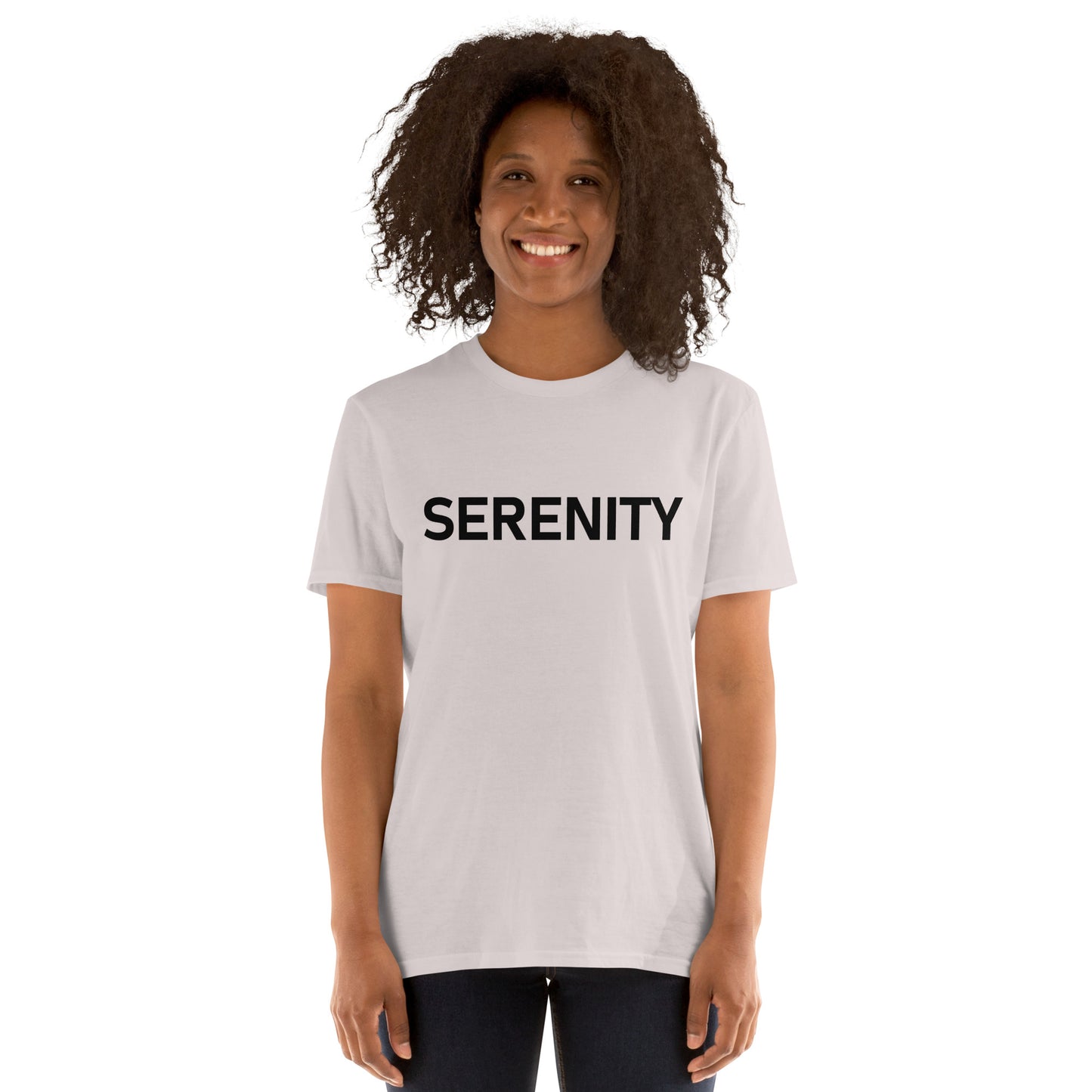 Unisex Softstyle T-Shirt (mandala with blue and white core on back | SERENITY in black lettering on front)