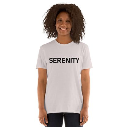 Unisex Softstyle T-Shirt (mandala with blue and white core on back | SERENITY in black lettering on front)