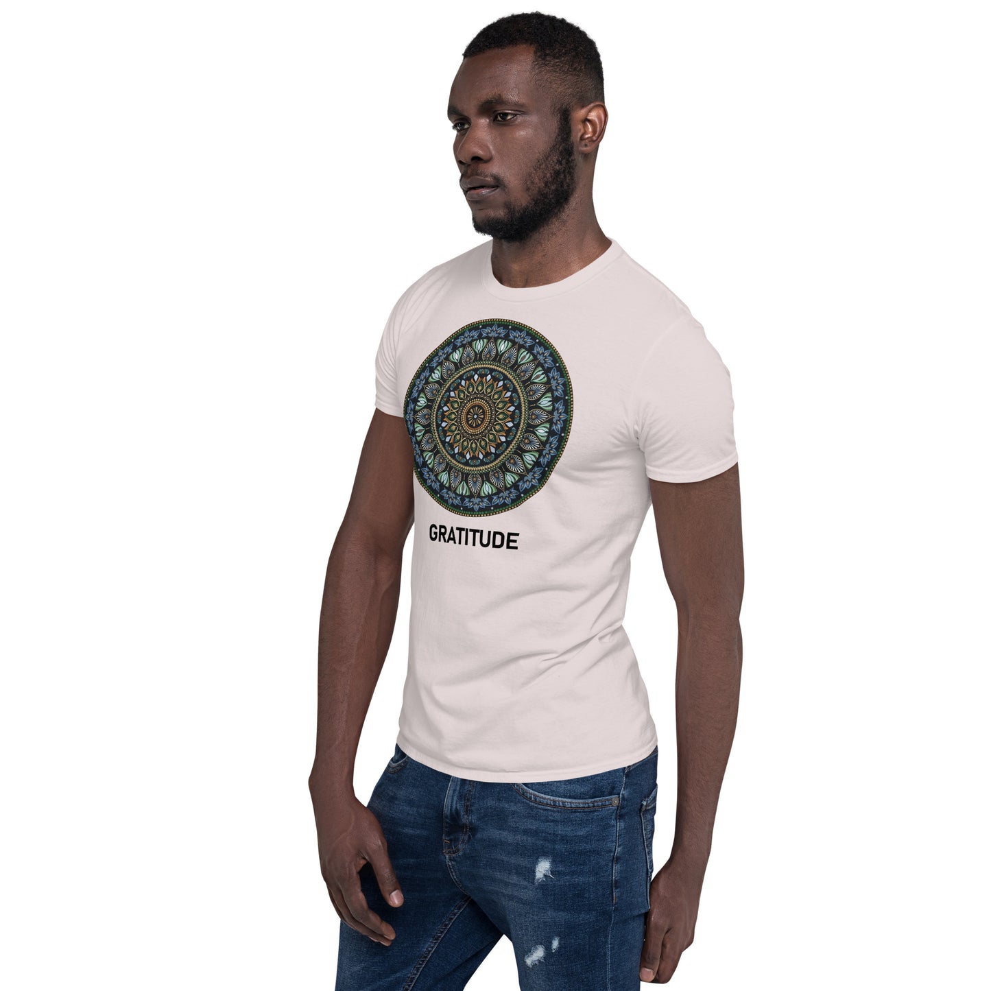 Unisex Softstyle T-Shirt (mandala green and gold rim | on front | GRATITUDE in black lettering)