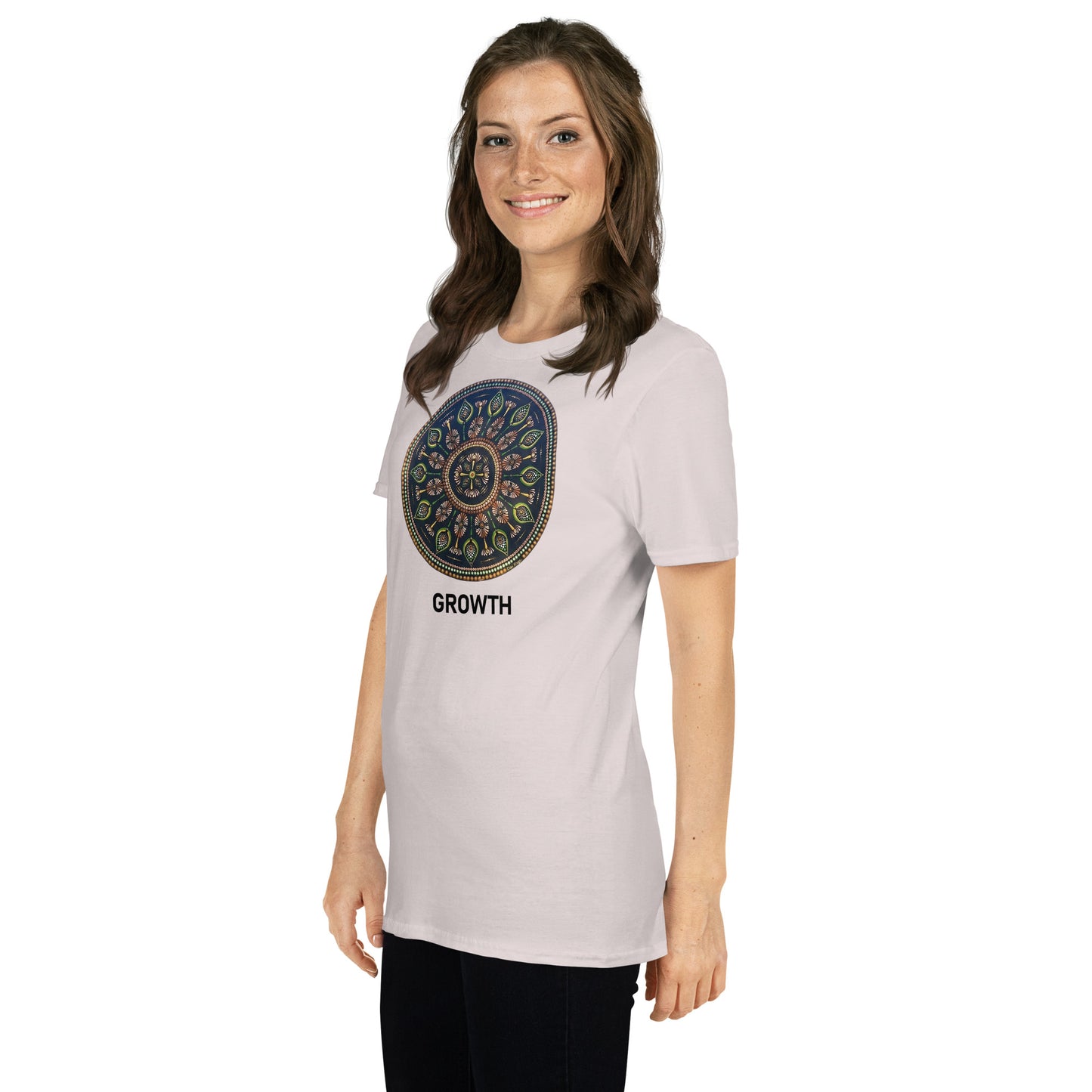 Unisex Softstyle T-Shirt (mandala with cross in the core | on front | GROWTH in black lettering)