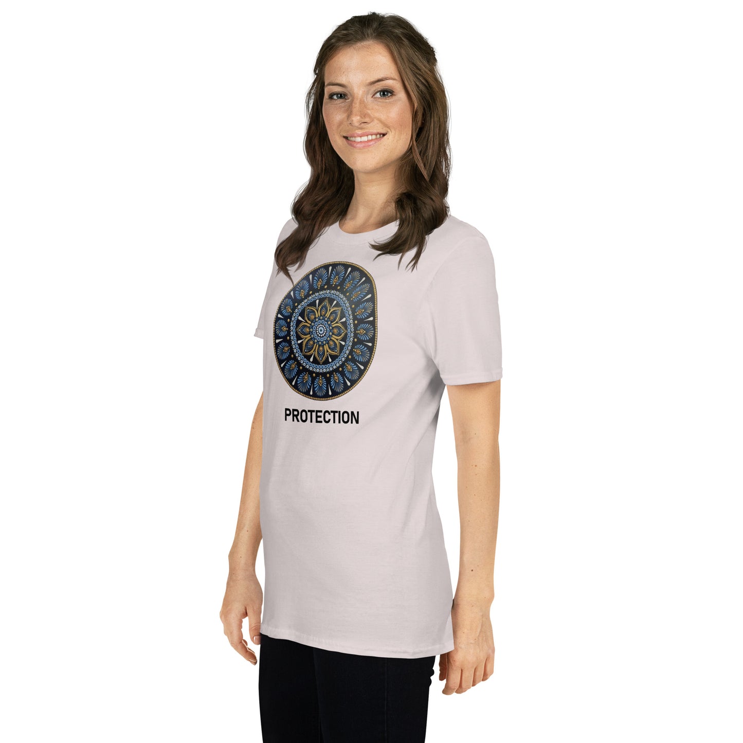 Unisex Softstyle T-Shirt (mandala with gold outer rim | on front | PROTECTION in black lettering)