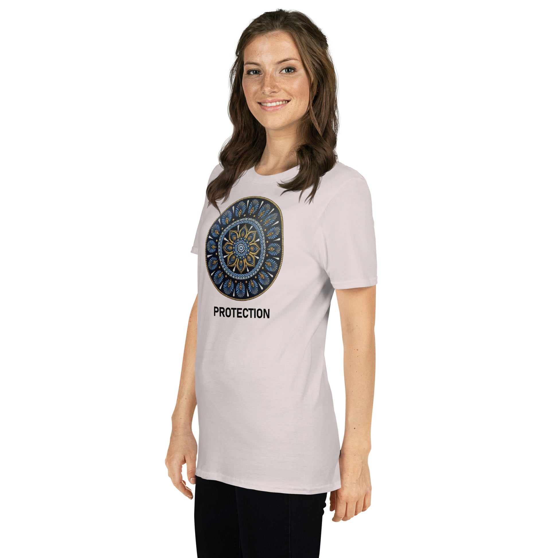 Unisex Softstyle T-Shirt (mandala with gold outer rim | on front | PROTECTION in black lettering)