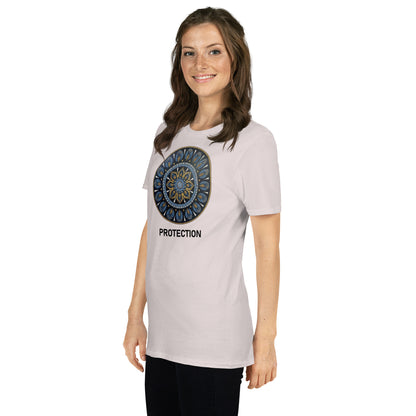 Unisex Softstyle T-Shirt (mandala with gold outer rim | on front | PROTECTION in black lettering)