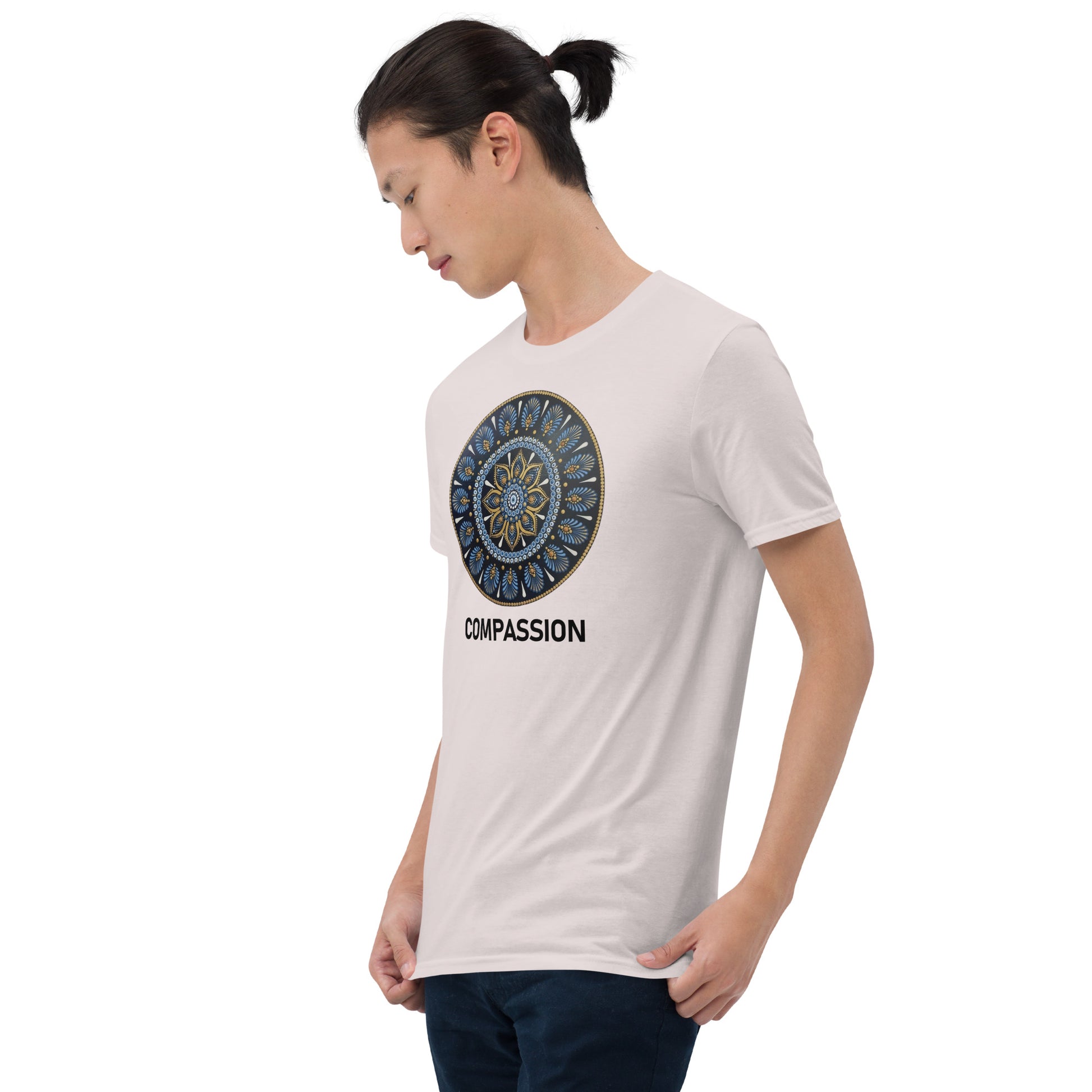 Unisex Softstyle T-Shirt (mandala with gold rim | on front | COMPASSION in black lettering)