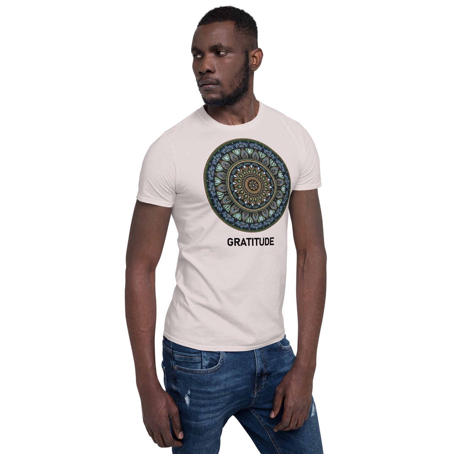 Unisex Softstyle T-Shirt (mandala green and gold rim | on front | GRATITUDE in black lettering)