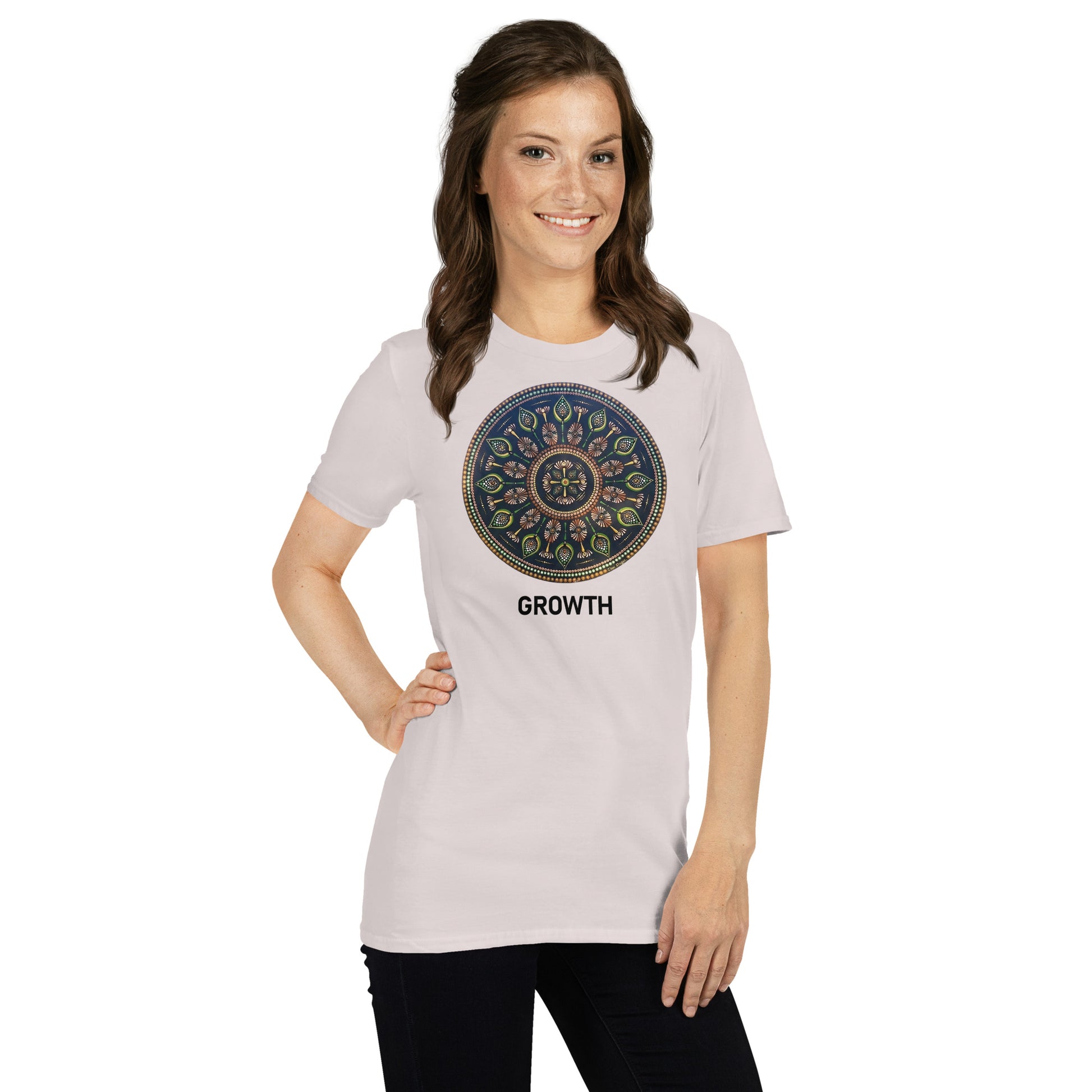Unisex Softstyle T-Shirt (mandala with cross in the core | on front | GROWTH in black lettering)