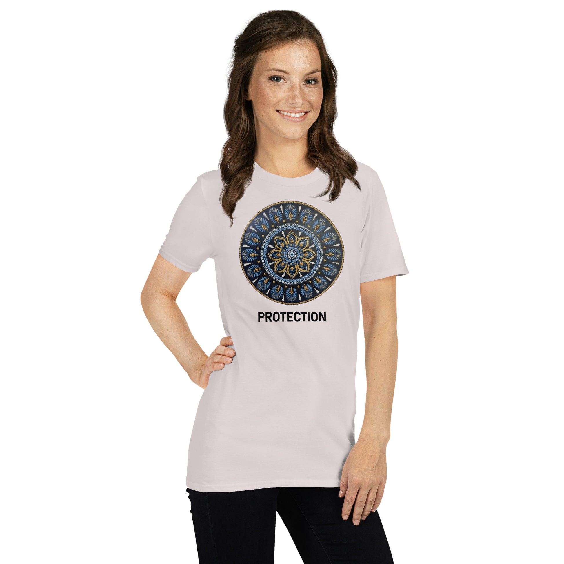 Unisex Softstyle T-Shirt (mandala with gold outer rim | on front | PROTECTION in black lettering)