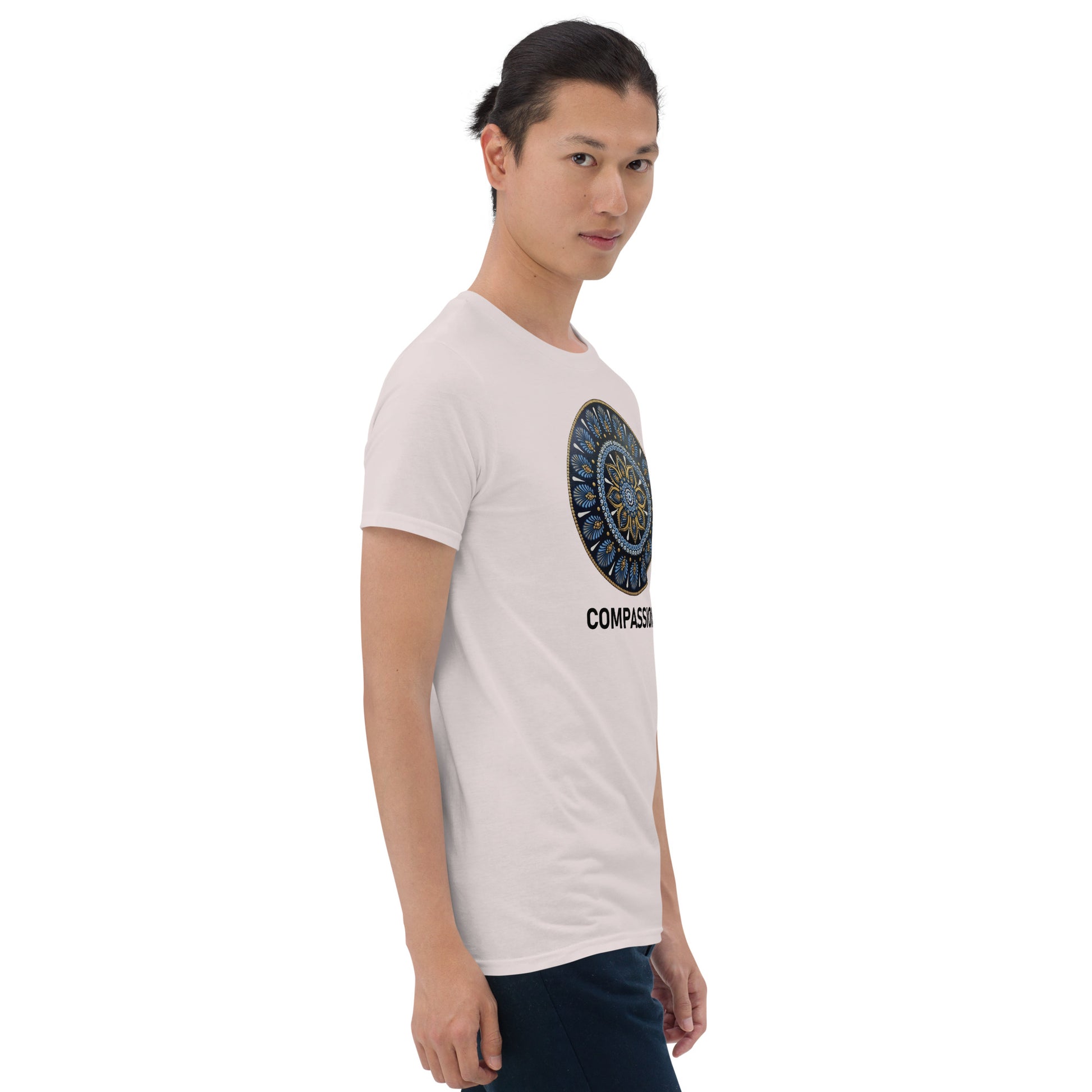 Unisex Softstyle T-Shirt (mandala with gold rim | on front | COMPASSION in black lettering)