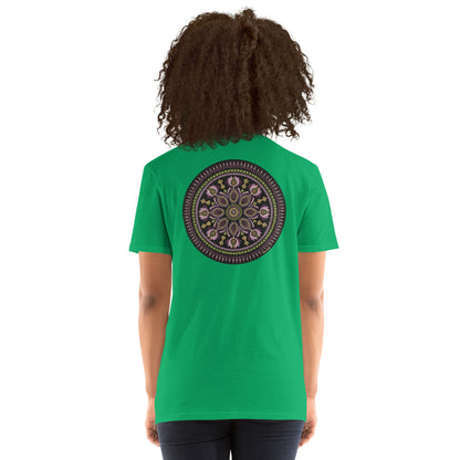 Unisex Softstyle T-Shirt (mandala with magenta rim on back | KINDNESS in black lettering on front)