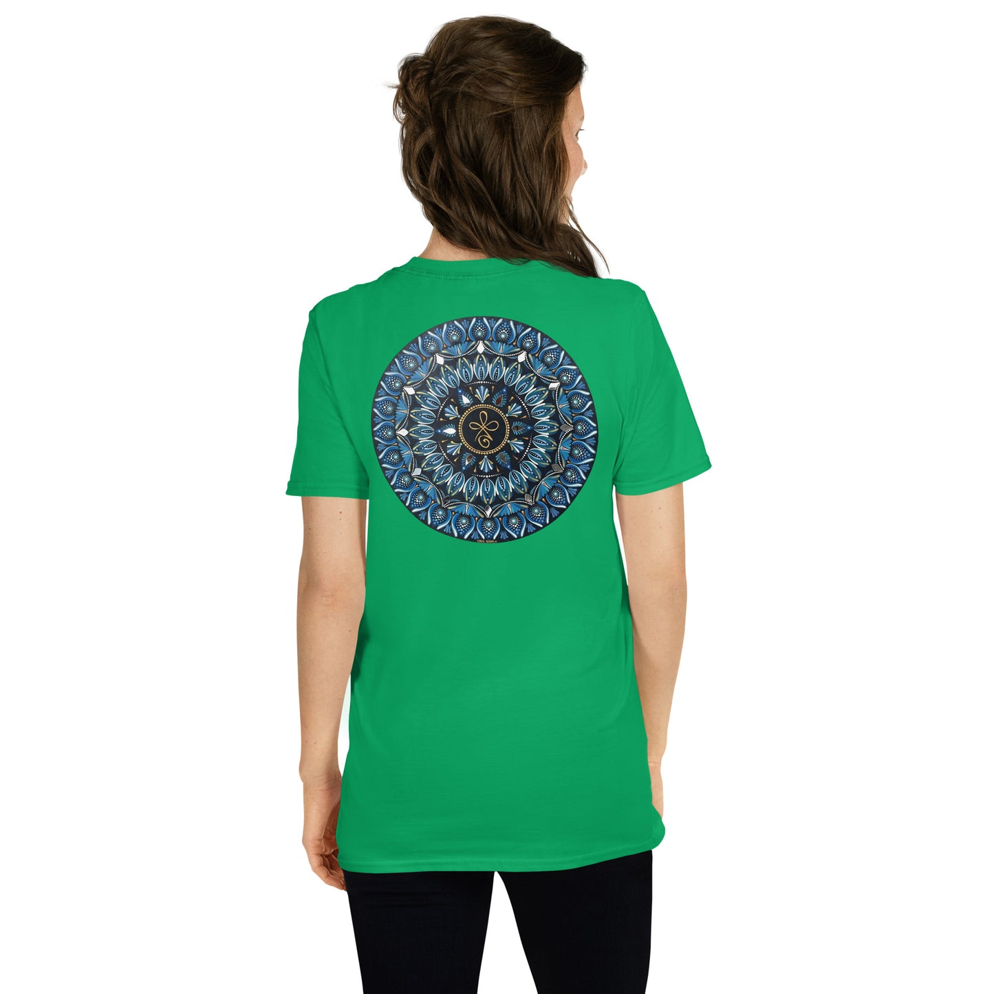Unisex Softstyle T-Shirt (mandala with 3 loops in core on back | FAMILY in black lettering on front)