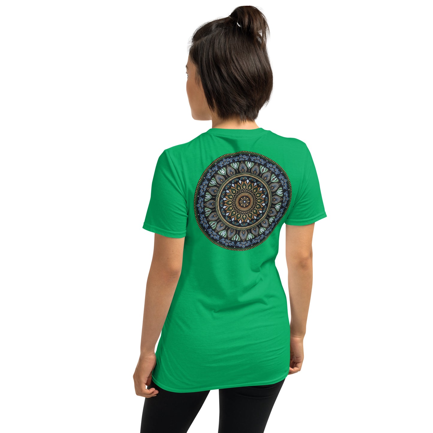 Unisex Softstyle T-Shirt (mandala green and gold rim on back | GRATITUDE in black lettering on front)