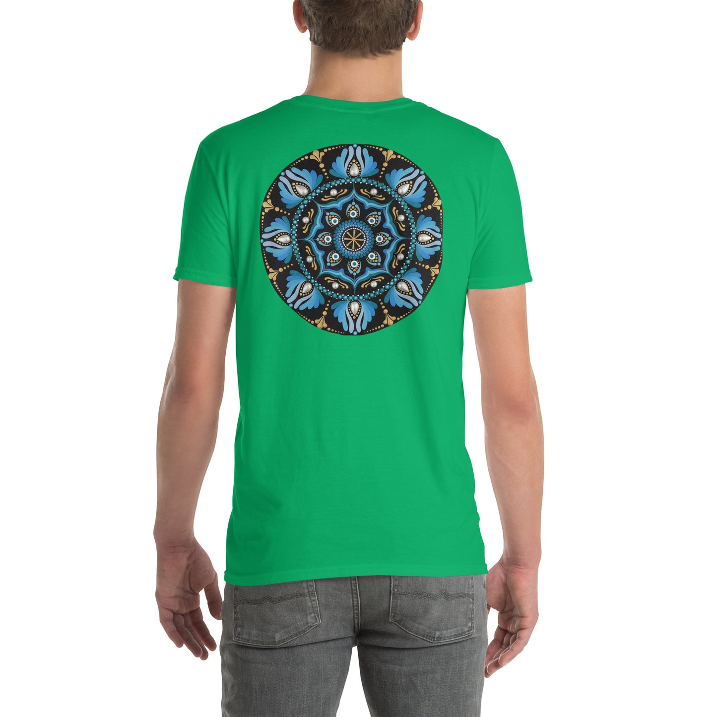 Unisex Softstyle T-Shirt (mandala with spokes in core on back | WISDOM in black lettering on front)