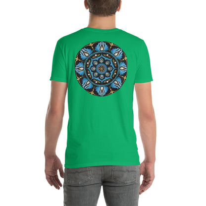 Unisex Softstyle T-Shirt (mandala with spokes in core on back | WISDOM in black lettering on front)