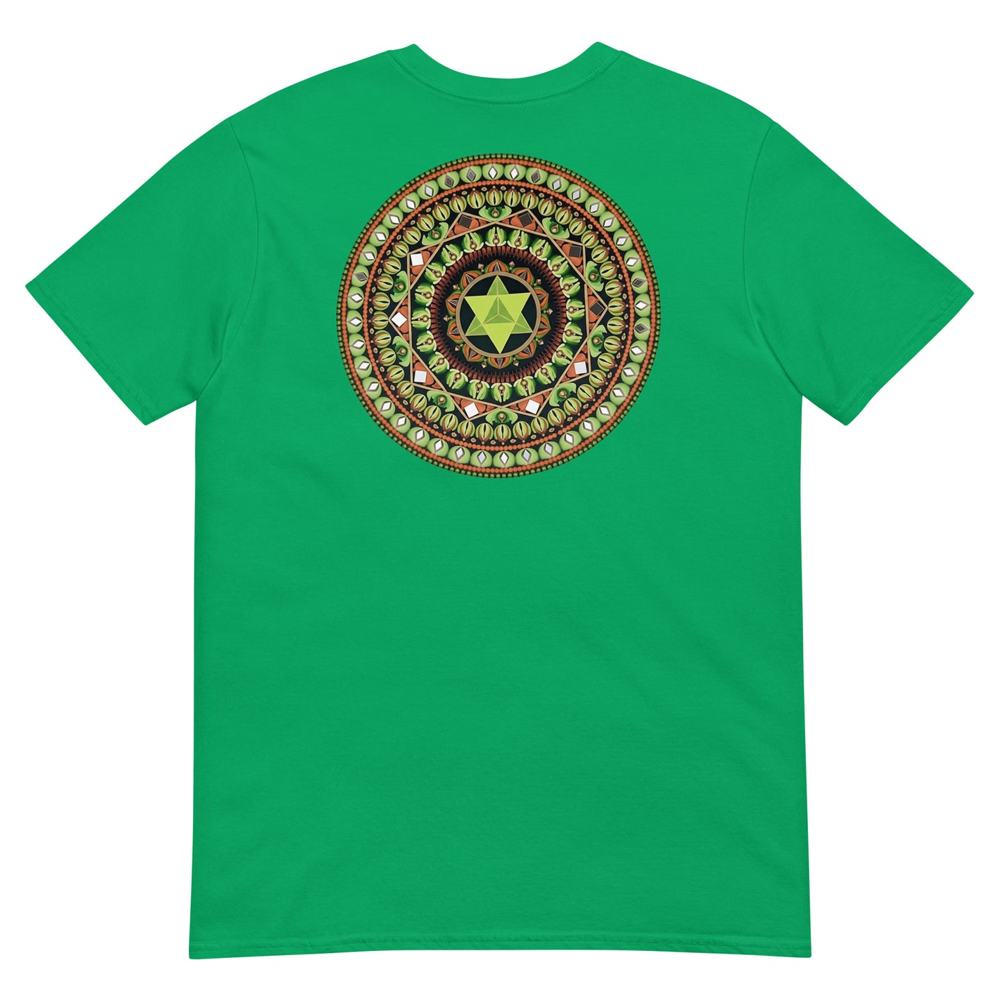 Unisex Softstyle T-Shirt (mandala with green star on back | HARMONY in black lettering on front)