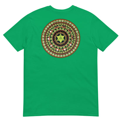 Unisex Softstyle T-Shirt (mandala with green star on back | HARMONY in black lettering on front)