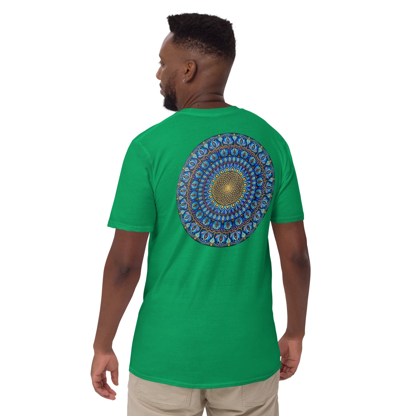 Unisex Softstyle T-Shirt (mandala with golden core on back | FLOW in black lettering on front)