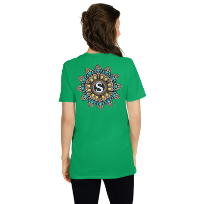 Unisex Softstyle T-Shirt (mandala with "S" in core on back | SHINE in black lettering on front)
