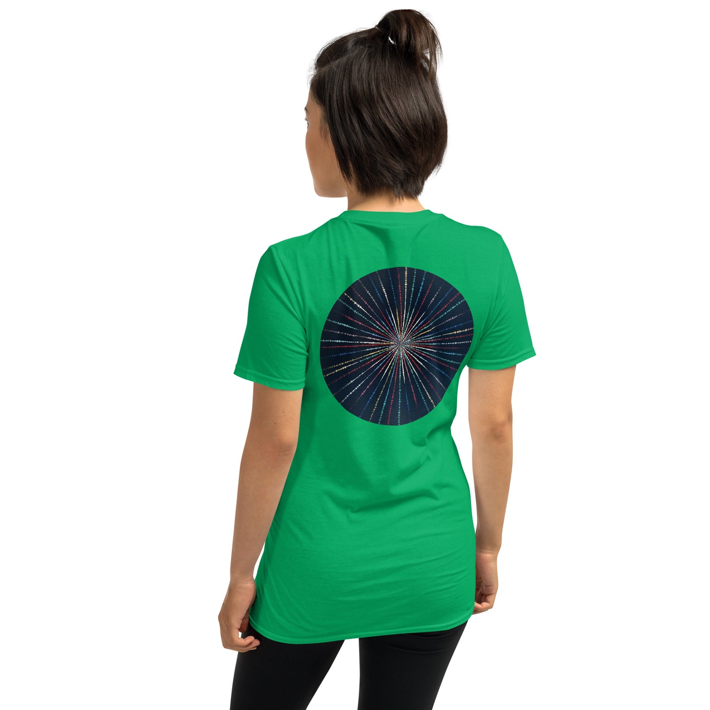Unisex Softstyle T-Shirt (mandala with streams of light on back | EXPANSION in black lettering on front)