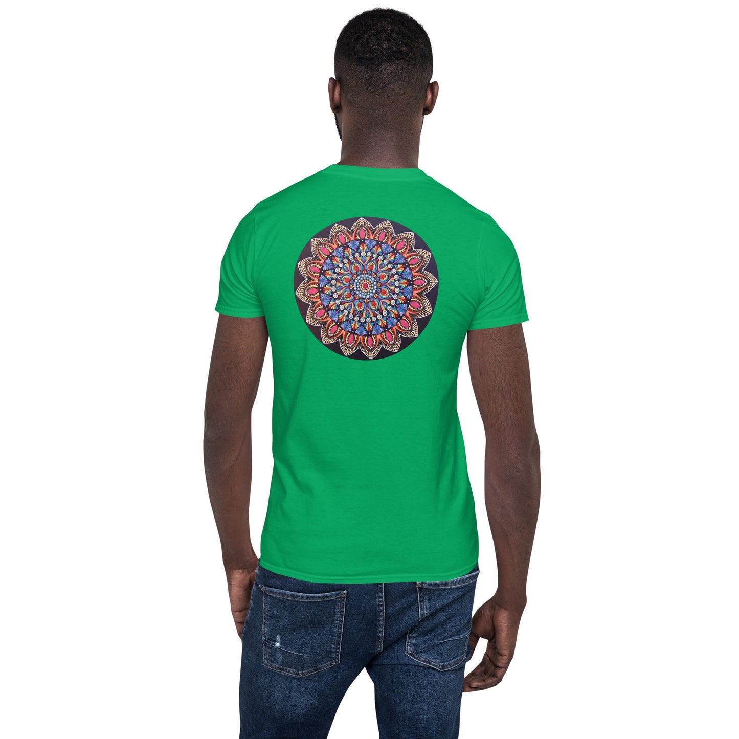 Unisex Softstyle T-Shirt (mandala with pink petals on back | VITALITY in black lettering on front)