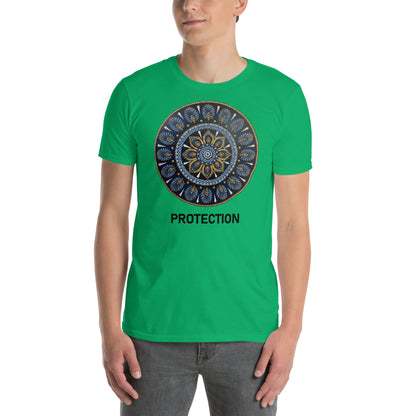 Unisex Softstyle T-Shirt (mandala with gold rim on front | PROTECTION in black lettering)