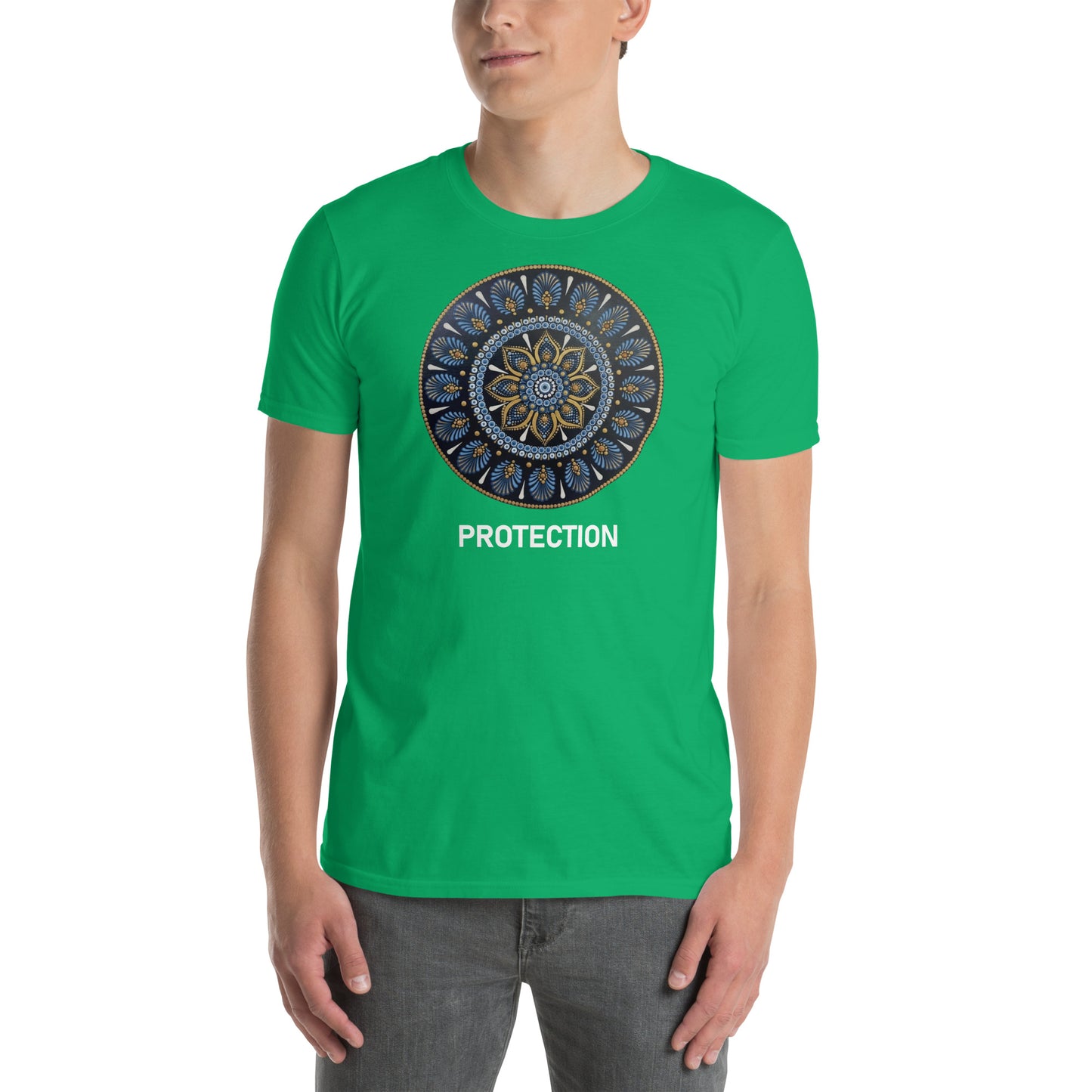 Unisex Softstyle T-Shirt (mandala with gold rim on front | PROTECTION in white lettering)
