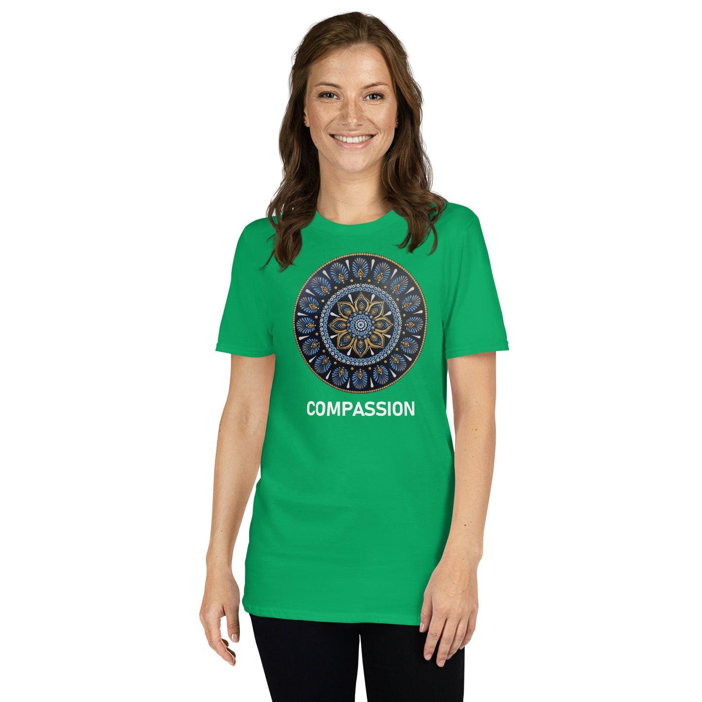 Unisex Softstyle T-Shirt (mandala with gold rim on front | COMPASSION in white lettering)