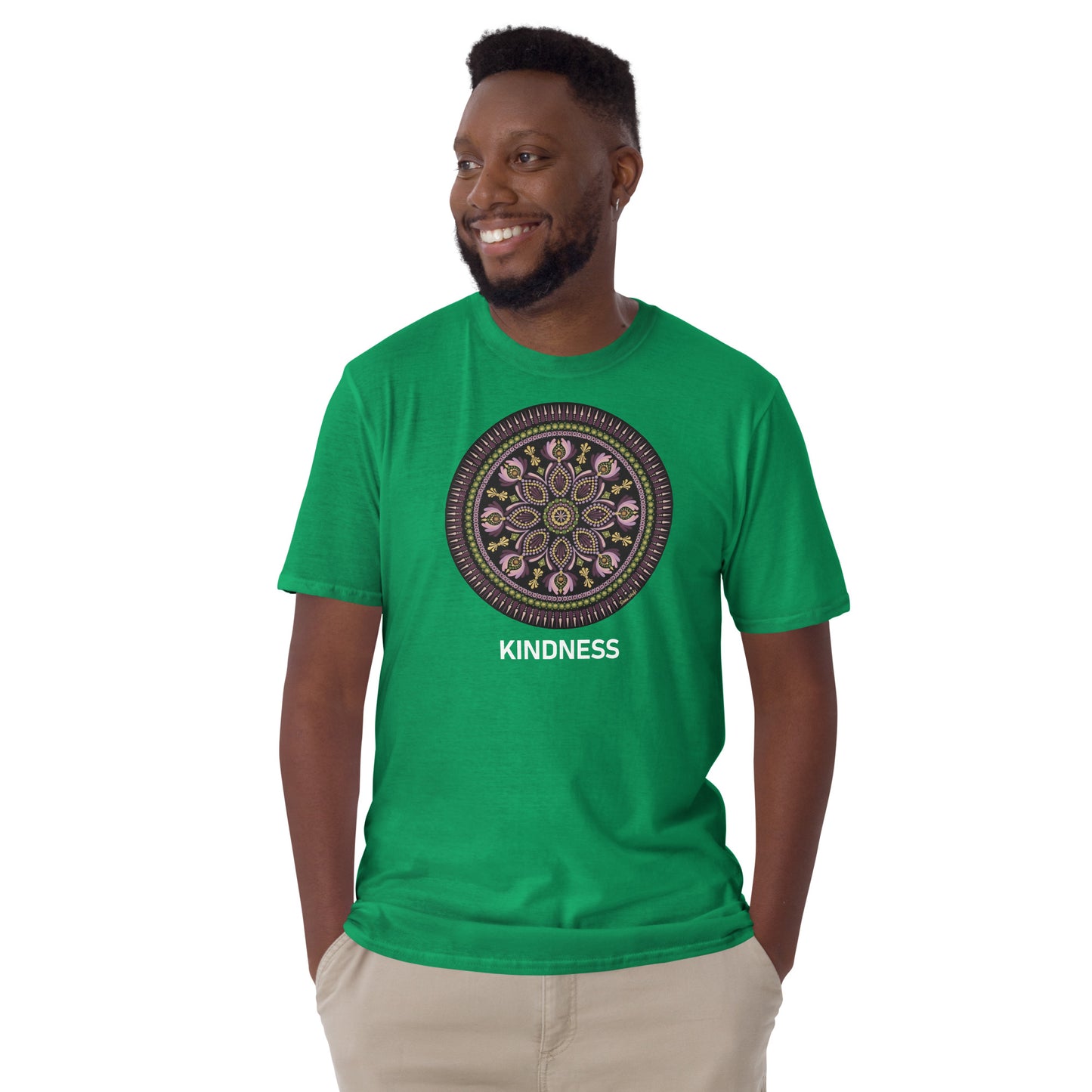 Unisex Softstyle T-Shirt (mandala with magenta rim on front | KINDNESS in white lettering)