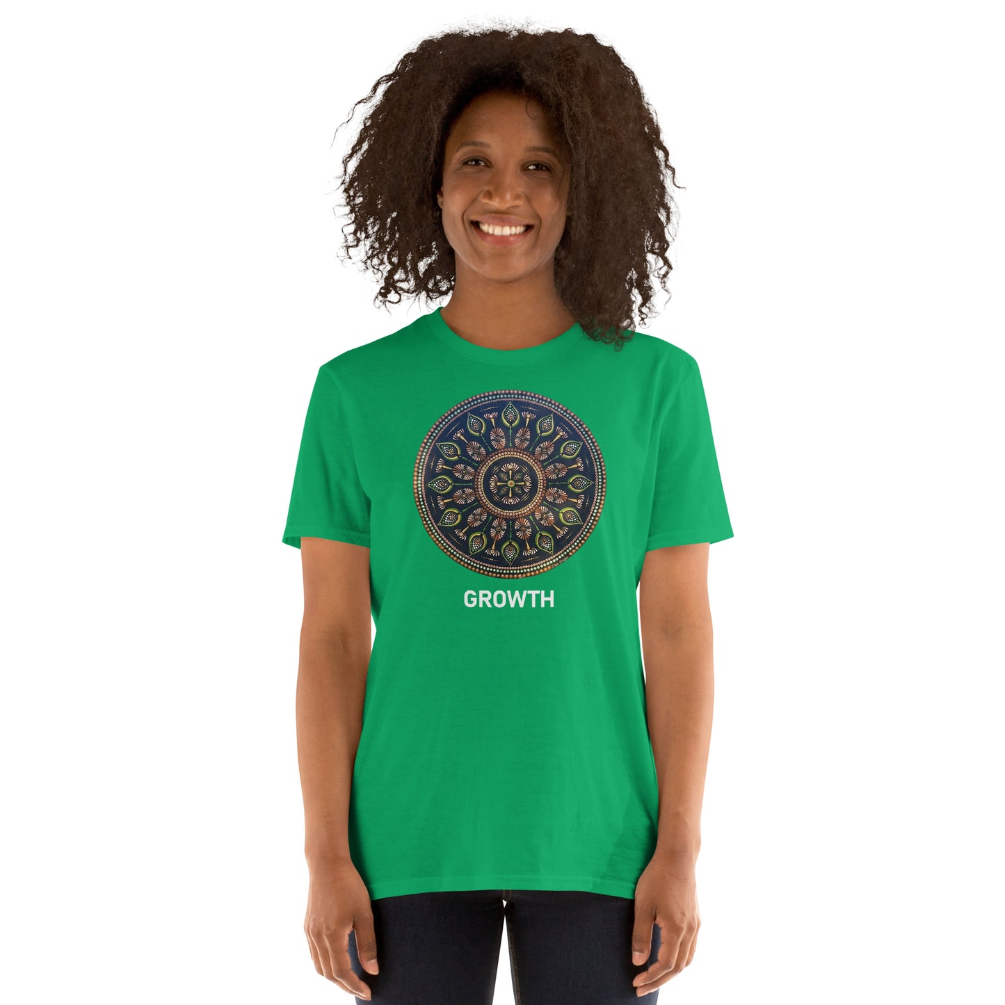 Unisex Softstyle T-Shirt (mandala with cross at the core on front | GROWTH in white lettering)