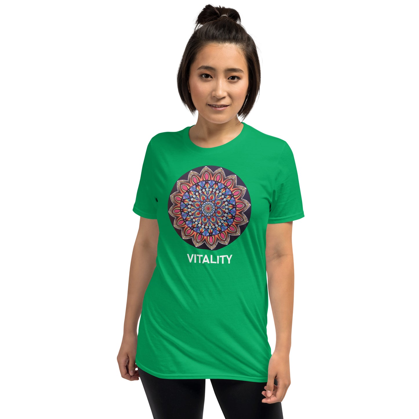 Unisex Softstyle T-Shirt (mandala with pink petals | on front | VITALITY in white lettering)