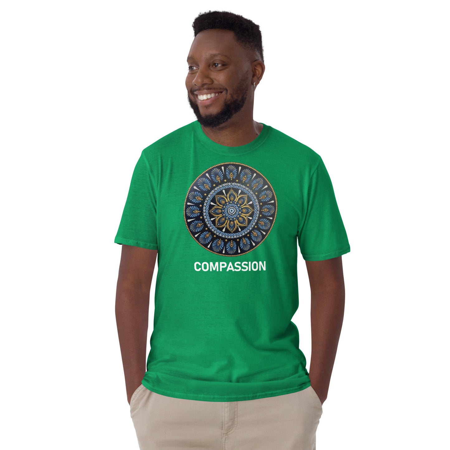Unisex Softstyle T-Shirt (mandala with gold rim | on front | COMPASSION in white lettering)