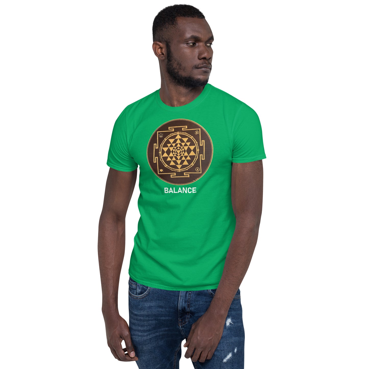 Unisex Softstyle T-Shirt (brown and gold mandala | on front | BALANCE in white lettering)