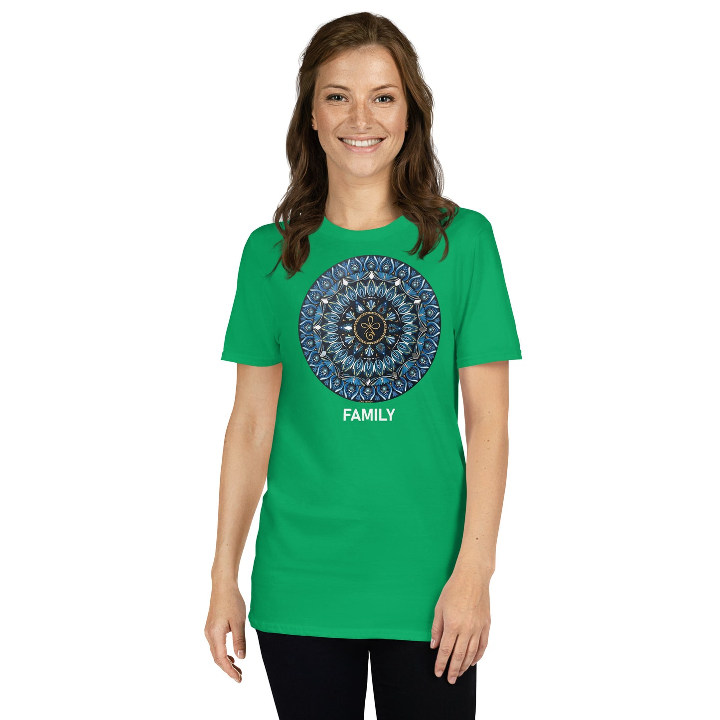 Unisex Softstyle T-Shirt (mandala with 3 loops in core | on front | FAMILY in white lettering)