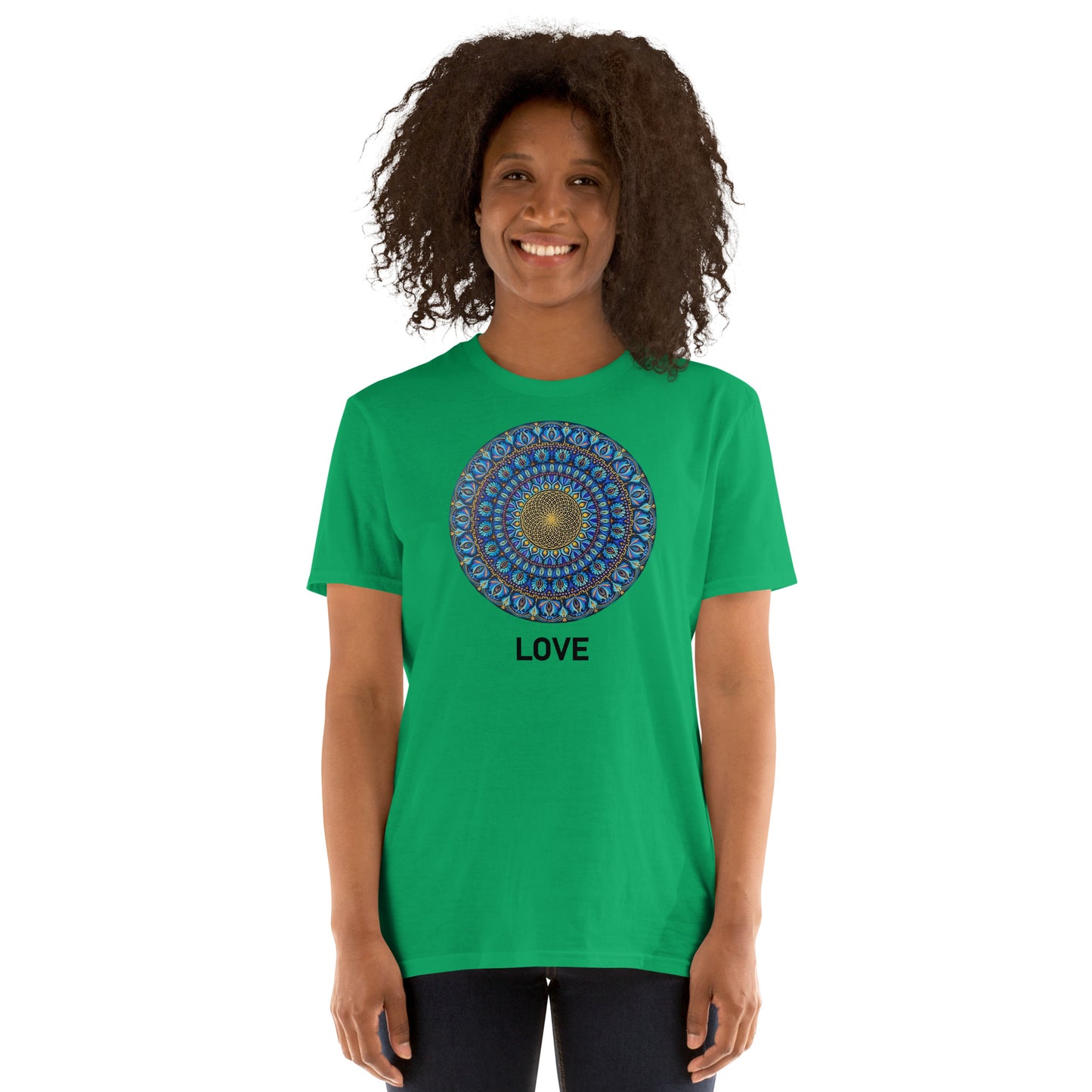 Unisex Softstyle T-Shirt (mandala with golden core | on front | LOVE in black lettering)