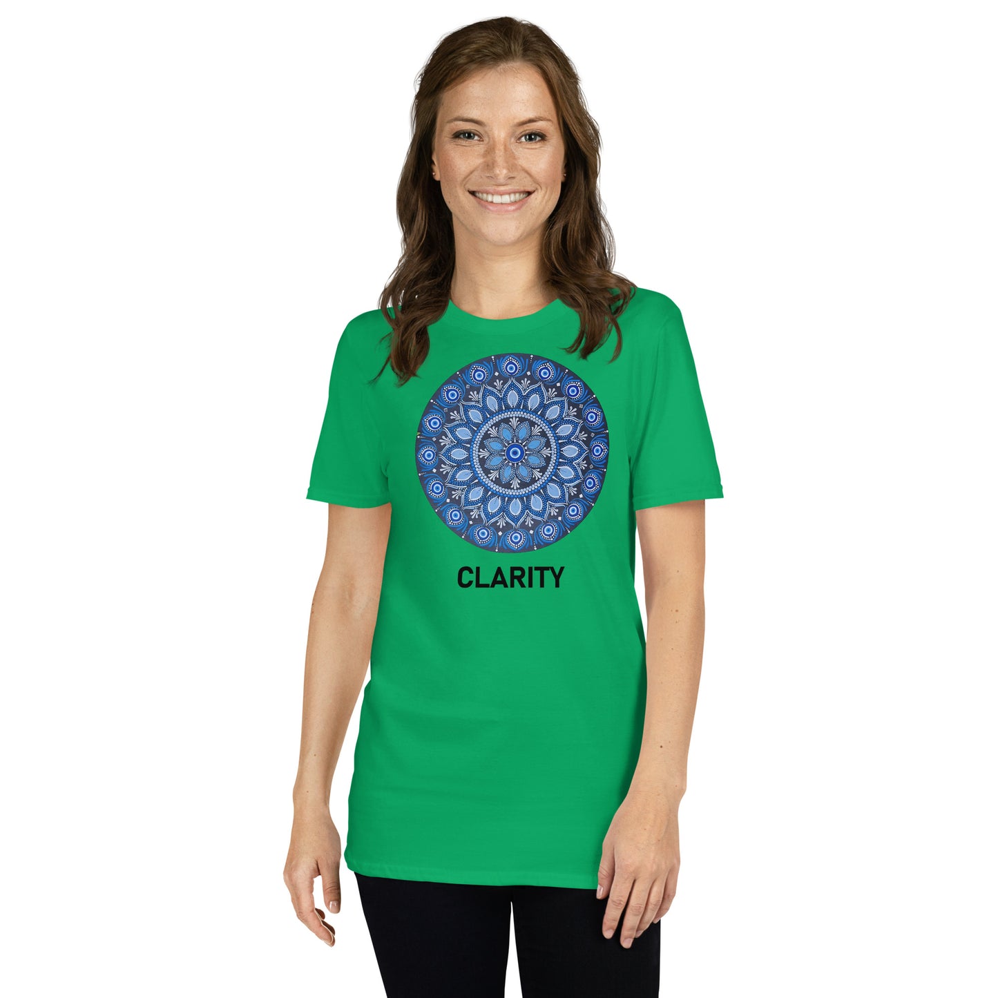 Unisex Softstyle T-Shirt (all blue mandala | on front | CLARITY in black lettering)
