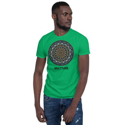 Unisex Softstyle T-Shirt (mandala green and gold rim | on front | GRATITUDE in black lettering)