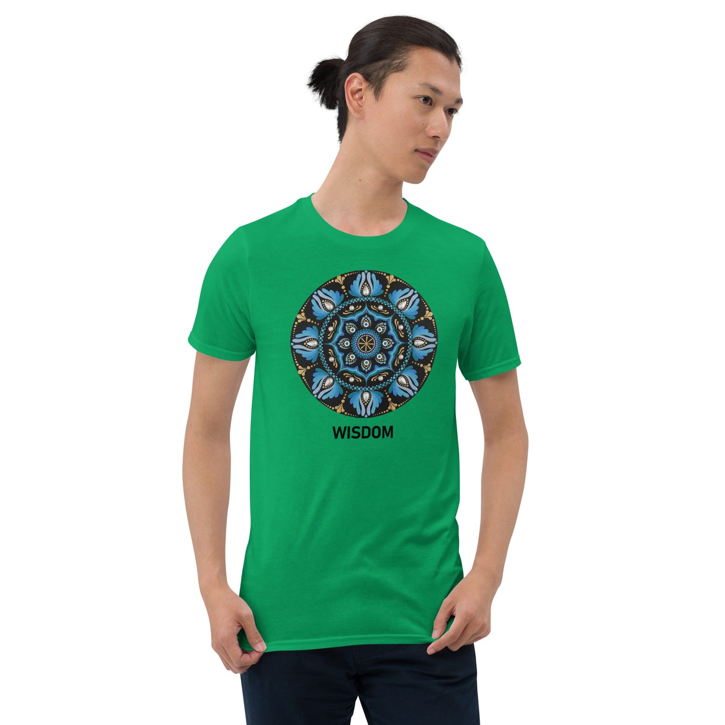 Unisex Softstyle T-Shirt (mandala with spokes in core | on front | WISDOM in black lettering)