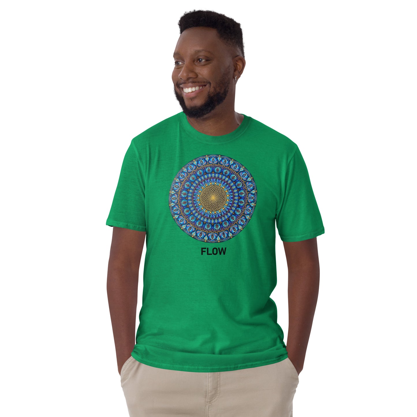 Unisex Softstyle T-Shirt (mandala with golden core | on front | FLOW in black lettering)