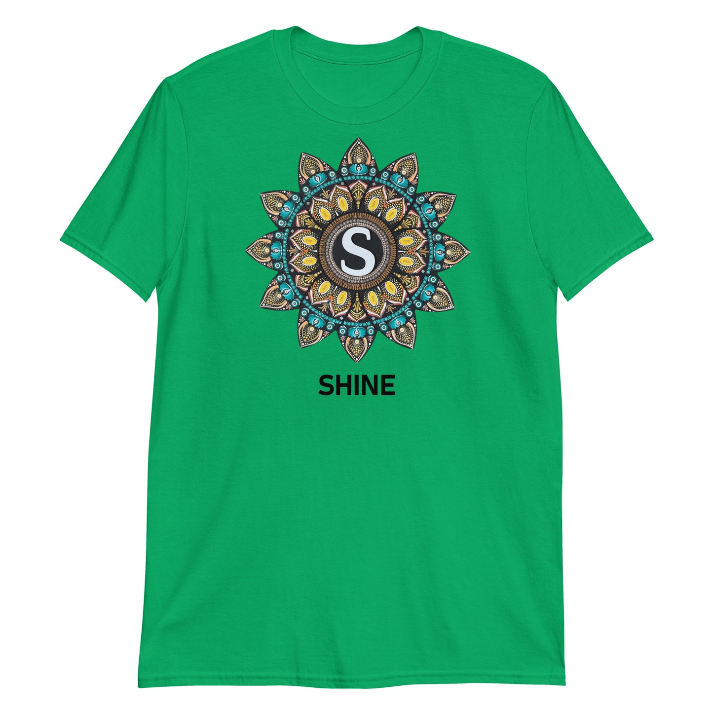 Unisex Softstyle T-Shirt (mandala with "S" in core | on front | SHINE in black lettering)